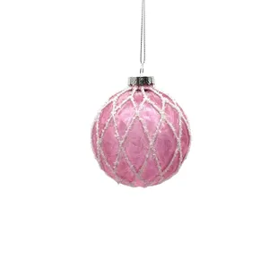 सुंदर क्रिसमस ट्री की सजावट 8 सेमी लाइट गुलाबी हस्तनिर्मित मोती मेष पैटर्न क्रिसमस ग्लास बॉल