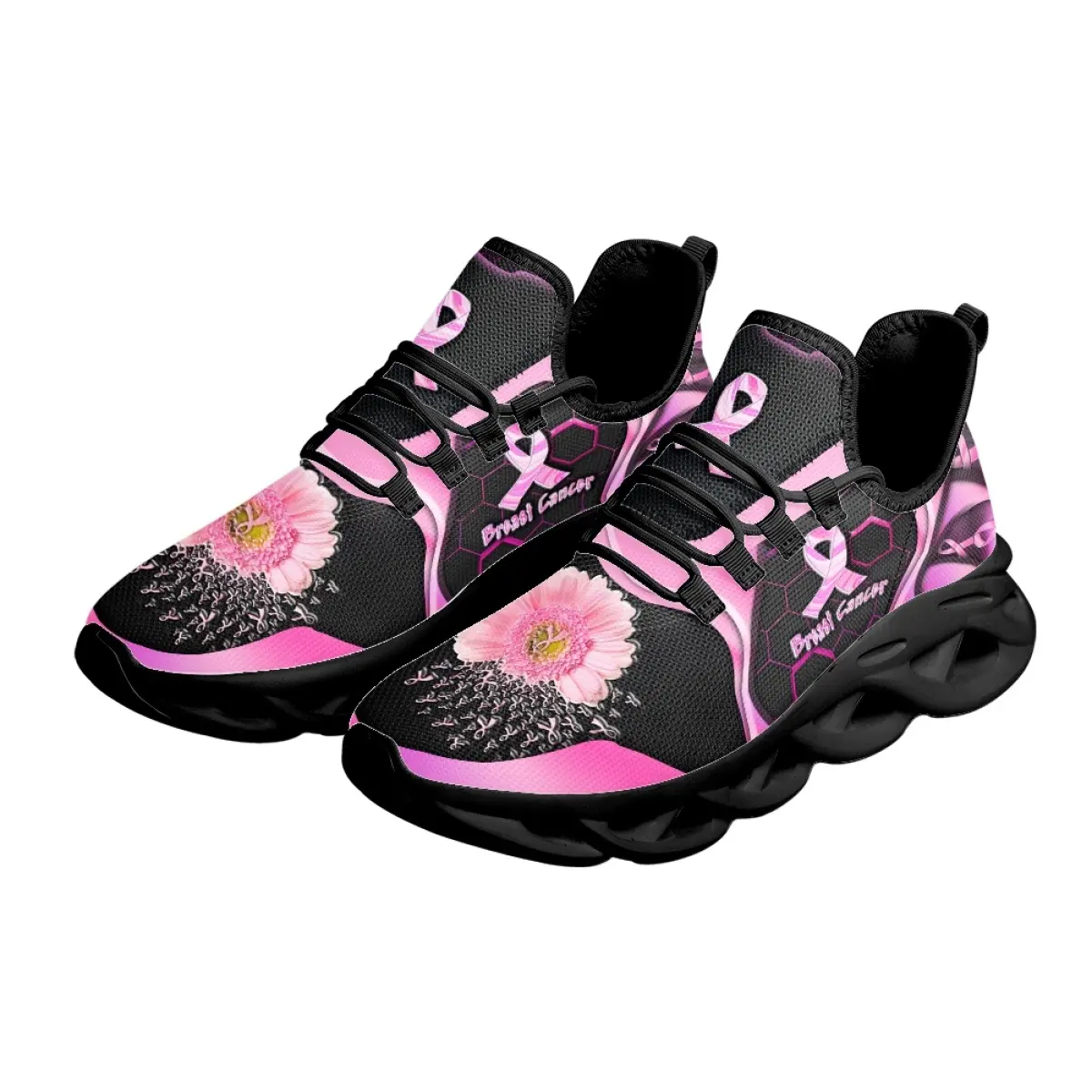 Sepatu kets Non-slip pria wanita motif pola pita bunga merah muda kesadaran payudara sepatu tenis ringan bertali