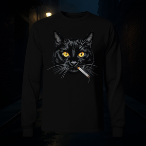 Camiseta de Manga Larga con Estampado de Gato Fumando, Estética de Gato Negro, Cuello Redondo Unisex, Impresión Digital, Ropa Promocional para Adultos - Product Image 2
