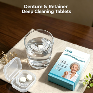 Comprimés nettoyants écologiques pour prothèses dentaires, sans résidus, éliminent la <span class=keywords><strong>décoloration</strong></span>, adaptés aux prothèses complètes et partielles, et aux appareils orthodontiques. - Product Image 1