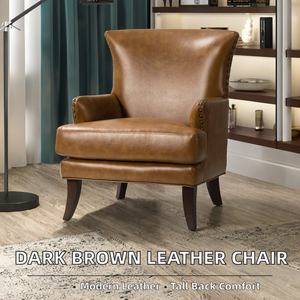 Sillón de Lectura Vintage de Cuero y Madera Marrón Oscuro, Estilo Mid-Century Modern, Respaldo Alto, para Sala de Estar, Dormitorio u Oficina en Casa - Product Image 2