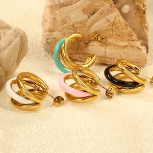 ต่างหูห่วงสแตนเลสชุบทอง 18k สามชั้น ดีไซน์เรขาคณิต ทันสมัย สีสันสดใส คลาสสิก สำหรับผู้หญิง - Product Image 3