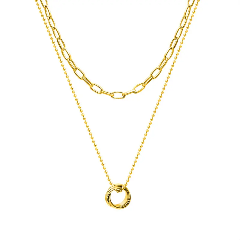 Gioielli di moda collana placcato oro 18k catena di graffette in acciaio inox doppio strato anello con perline collana pendente