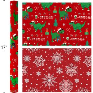 Dinosaur Christmas Wrapping Paper Roll 17 Inch X 33 Feet Double Side Reversible Gift Wrap For Kids Holiday Crafting - Product Image 6