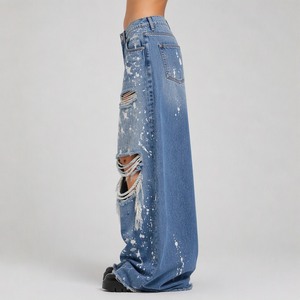 XUCHANG Jeans de mezclilla de algodón holgados y apilados para <span class=keywords><strong>mujer</strong></span>, de alta calidad, estilo streetwear vintage Y2K, con efecto desgastado, <span class=keywords><strong>rotos</strong></span>, estampados y de diseñador - Product Image 2