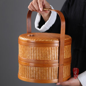 <b>Bamboo</b> Woven Basket Double Layer Lidded Round Food Storage <b>Container</b> For Tea And Fruit Kitchen Use - Product Image 3