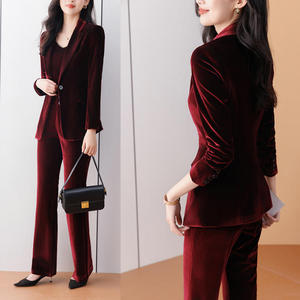 Women Velvet Suit Set Three Quarter Sleeve Anti-Wrinkle Office Lady Daily Commute Work Wear - Product Image 3