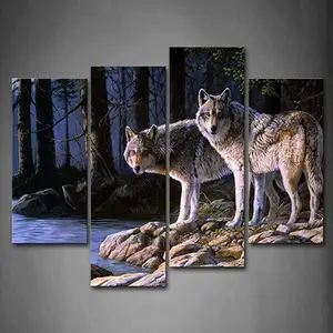 Zwei Wolf stehen auf Flussufer Wald Wand kunst Malerei Wölfe Bilder drucken auf Leinwand Tier das Bild