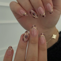 Kuku Palsu 3D Mewah Gaya Prancis Motif Leopard Emas Almond Nail Art Formal Bisnis Elegan Set Manikur 4537