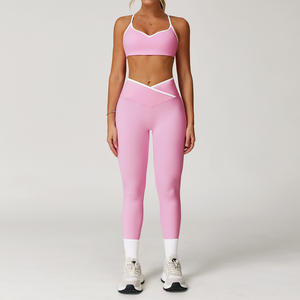 Set <span class=keywords><strong>2</strong></span> potong untuk kebugaran Gym wanita, Set Bra pendek kerah V pengangkat bokong dua potong, Set Legging Yoga cepat kering untuk wanita - Product Image 5