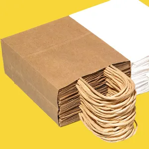 Sampel gratis tas hadiah kertas kecil kustom ramah lingkungan tas pesta kertas Kraft tas coklat dengan pegangan jumlah besar