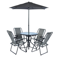 Ensemble de meubles de patio minimalistes modernes, table en verre avec quatre chaises pliantes et parasol central pour terrasse