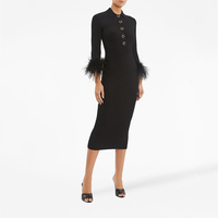 Fabricant de tricots Robe pull en tricot personnalisée Robe pull midi en tricot côtelé à plumes et à manches longues Robe pull noire Vêtements pour femmes