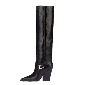 Big Size 46 Women Knee High Boots High Chunky Wedge Heels Shoes on Wide Fit Pointed Toe Metal Buckle <b>Long</b> Boots - Product Image 4