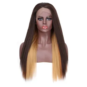 Yüksek kaliteli düz uzun kafa derisi renkli Ombre zencefil elyaf karışımı sarışın ucuz dantel ön sentetik saç peruk
