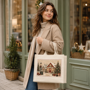 Bolsa de Tela de Algodón Reutilizable y Lavable con Diseño Navideño de Pueblo Nevado, Tienda y Árbol de Navidad Decorado - Product Image 4