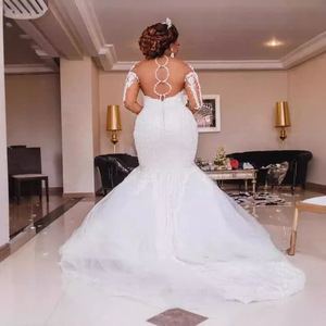 Women's XL Wedding Plus African <b>Bridal</b> Gown Sheer Neck Lace-up Back Major Beading Sequins Pearls Floor-Length Embroidered - Product Image 4
