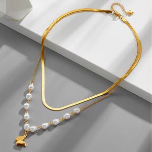 Collar de Acero Inoxidable con Diseño de Perlas Planas Doradas de Doble Capa para Mujer, Estilo Hip Hop, para Fiestas - Product Image 5