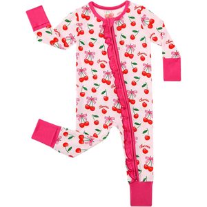 Combinaison à manches longues pour bébé fille, imprimé cerise, vêtements de nuit, 0 mois-2T, respirant, en coton de bambou, à volants - Product Image 1