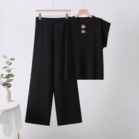 Ensemble deux pièces tricoté haut de gamme pour femme, été 2026, transfrontalier, polyvalent, ample, uni, avec pantalon large à manches courtes