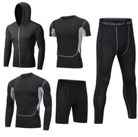 Ensemble de sport cinq pièces pour homme, ajusté, couleur unie, séchage rapide, manches longues, en soie de lait, élasthanne et polyester, pour le fitness
