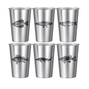 Paquete de 6 tazas de pinta de acero inoxidable para peces de agua dulce para hombres para pescar, tazas de Metal para beber de 16 oz para viajes en casa, Camping, Oficina - Product Image 1