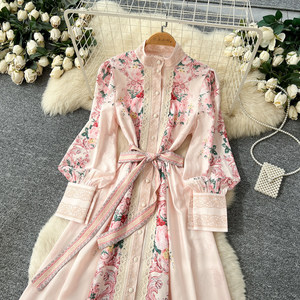 Abito da <span class=keywords><strong>Donna</strong></span> Stile Francese Vintage con Stampa Floreale, Maniche Lunghe, Vita Definita, Linea ad A, Abito da Vacanza, Moda Femminile - Product Image 3