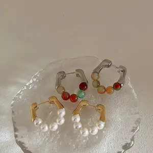Nische Design Metall Creolen Bunte Naturstein Ohrringe Perlen ohrring Ohr stecker für weibliche Geschenke