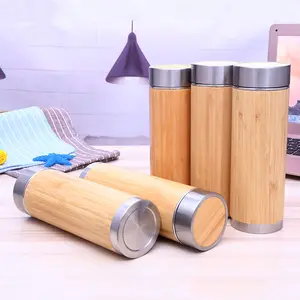 Botella térmica de bambú personalizada de alta calidad, botella de bebida de bambú con Infusor de té de acero inoxidable