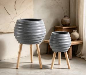 Horizontal Ribbed Tripod Plant Pot Set of 3, <b>Tall</b> Standing Flower <b>Planter</b> with <b>Wooden</b> Legs, Cement Texture Indoor Outdoor - Product Image 3