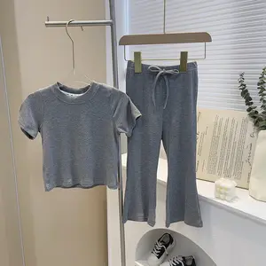 2-7 Jahre Elastic Knit Cloth Outfit Graue T-Shirt Hose Zweiteiliges Set Kleines Mädchen Sommer Outfits Kinder kleidung Matching Set
