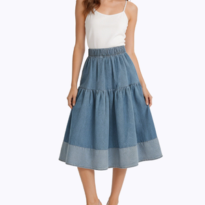 Jupe midi en jean <span class=keywords><strong>grande</strong></span> <span class=keywords><strong>taille</strong></span> pour <span class=keywords><strong>femme</strong></span>, <span class=keywords><strong>taille</strong></span> haute élastique, à panneaux superposés, coupe trapèze, ourlet en jean épissé, bleue, décontractée - Product Image 1