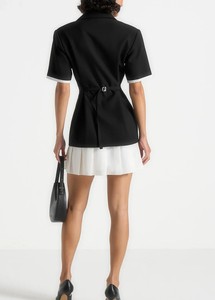 Tailored Cinch Waist Contrast Cuff Short Sleeve Blazer Dress Women Elegant Black White Color Block Pleated Mini <b>Skirt</b> Suit Dress - Product Image 3