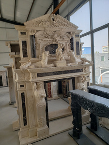 Grande cheminée décorative en marbre <span class=keywords><strong>beige</strong></span> de pierre calcaire européenne cultivée, sculptée, à double niveau, avec statues figurées - Product Image 5