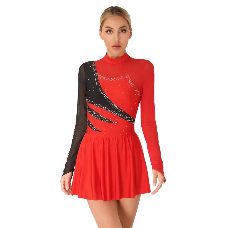 Women's Figure Skating Dress Mesh Patchwork Long Sleeve Ice Skating Performance Competition Dresses