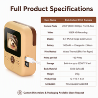 Appareil photo numérique pour enfants, appareil photo instantané pour enfants, impression thermique de photos, appareil photo jouet, écran IPS HD de 2,4 pouces pour garçons et filles