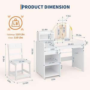 Coiffeuse en bois sur le thème des princesses pour chambre d'enfant avec lumières, ensemble bureau et chaise 2 en 1, étagères ouvertes pour les petites filles - Product Image 4