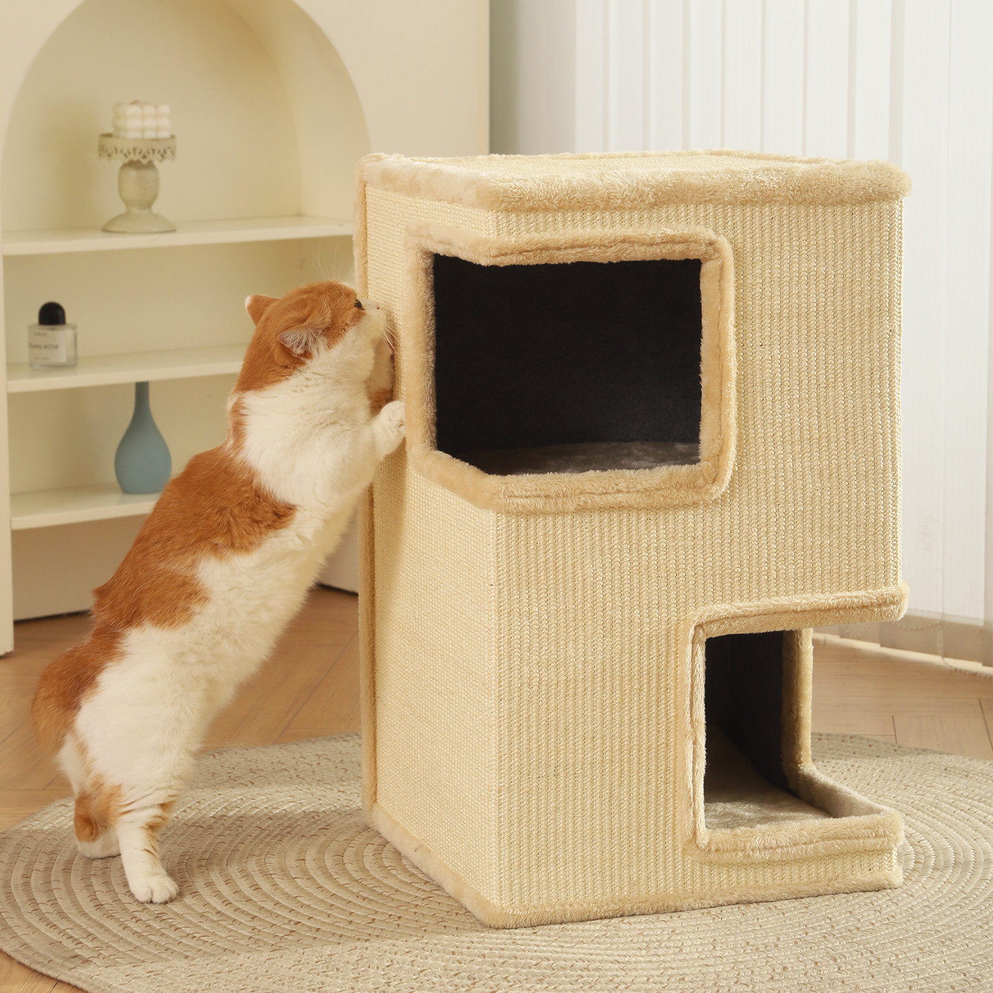 Beige Square two-tier cat scratching barrel-2 mats included
