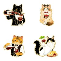 Broche de esmalte de gato bebedor de vino, divertidos pines de solapa de gato bebedor