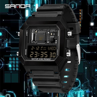 SANDA 6216 Jam Tangan Elektronik Mewah Pria Kronograf Persegi Tanggal 5BAR Tahan Air Tali Silikon Tampilan Digital MIYOTA