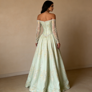Vestidos de Mujer Verde Menta Claro, Hombros Descubiertos, Escote Corazón, <span class=keywords><strong>Manga</strong></span> Larga Transparente, Bordado Dorado, <span class=keywords><strong>Vestido</strong></span> de Gala Elegante - Product Image 4