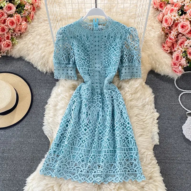 Summer Sweet Stand Collar A-Line Midi Dress For Women Puff Sleeve Empire Hollow Out Lace Dress Black White