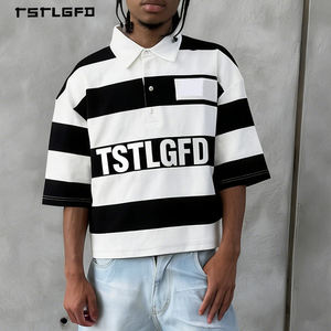 Camiseta Polo Oversize de Algodón Suave con Hombros Caídos, Diseño Boxy, Rayas Blancas y Negras, y Parche Bordado 3D Personalizado - Product Image 1