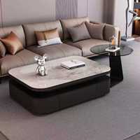 Table basse rectangulaire de style italien de luxe léger avec plateau en roche et tiroirs de rangement en bois massif pour salon