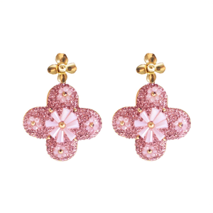 Boucles d'oreilles pendantes tendance, motif fleur scintillante rose, en acier inoxydable plaqué or, bijoux durables et résistants - Product Image 2