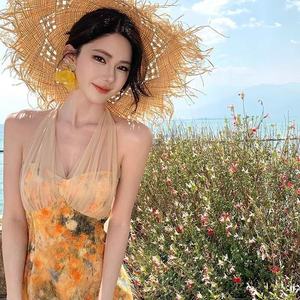 Yellow Halter Dress Tie Dye Print Beach Gown Slim Fit Polyester Summer Vacation Wear - Product Image 4