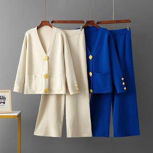 Conjunto Casual de Dos Piezas para <span class=keywords><strong>Mujer</strong></span>, Otoño Invierno, Cárdigan de Punto Combinable con Pantalones Anchos, Atuendos Combinables con Hebilla Metálica - Product Image 2