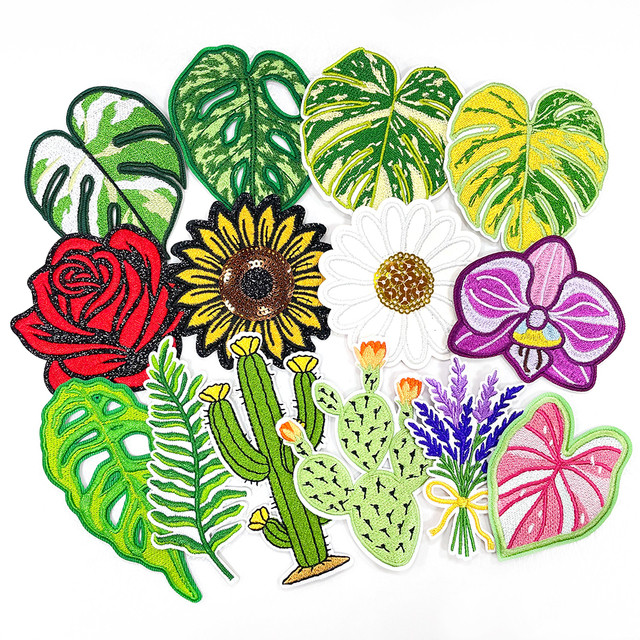 Glitter Sequin Floral Patches Iron on Monstera Leaf Cactus Rose Embroidery Patches for DIY Summer Apparel & Home Decoration