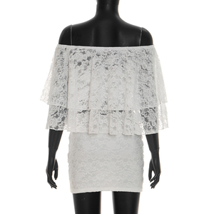 Viviblook J26ST143 Women Summer Skirt Set Sexy <b>Lace</b> Off Shoulder Crop Top Mini Bodycon Skirt Casual Set - Product Image 4
