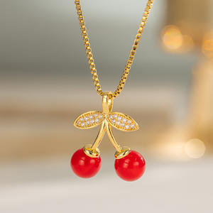 Collier pendentif cerise en zircon plaqué or 18 carats en acier inoxydable hypoallergénique pour femme, collier cerise <span class=keywords><strong>rouge</strong></span> doux pour femme - Product Image 5